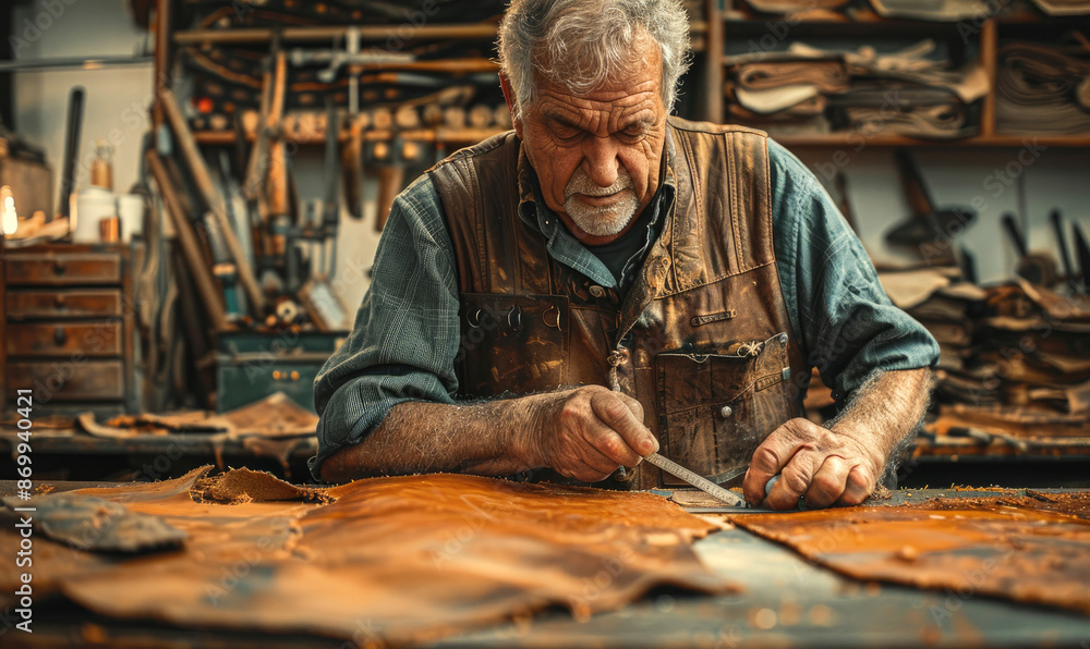 A Rural Mid-Age Male Leather Worker Measuring and Marking Leather A Rural Mid-Age Male Leather Worker Measuring and Marking Leather