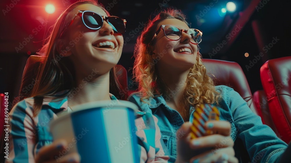 Happy mother and daughter enjoying in movie projection in theater Happy mother and daughter enjoying in movie projection in theater