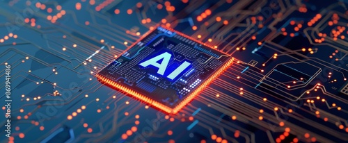 AI Chip On A Circuit Board With Glowing Lines