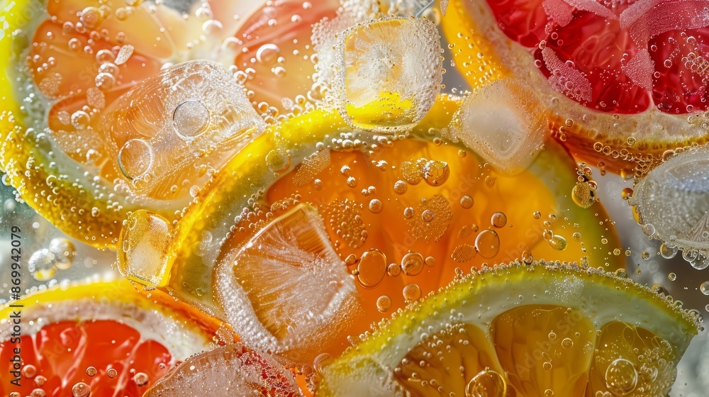 A close-up of citrus slices frozen in ice cubes A close-up of citrus slices frozen in ice cubes