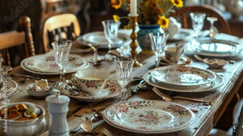 The table set with mismatched vintage dishes and silverware adding a charming and quaint touch to the brunch.