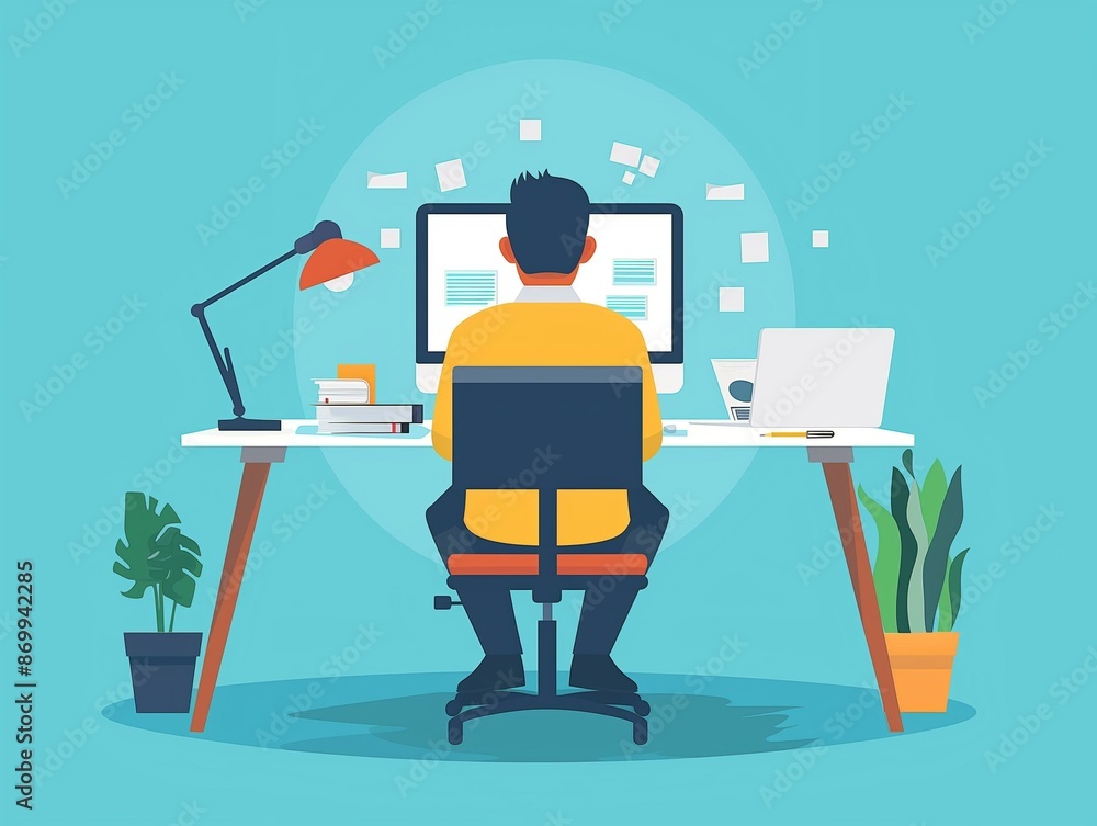 Modern Home Office Workspace Illustration with Man Working Modern Home Office Workspace Illustration with Man Working