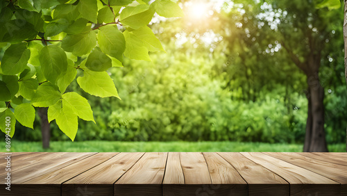 A wooden table with a view of a lush green forest