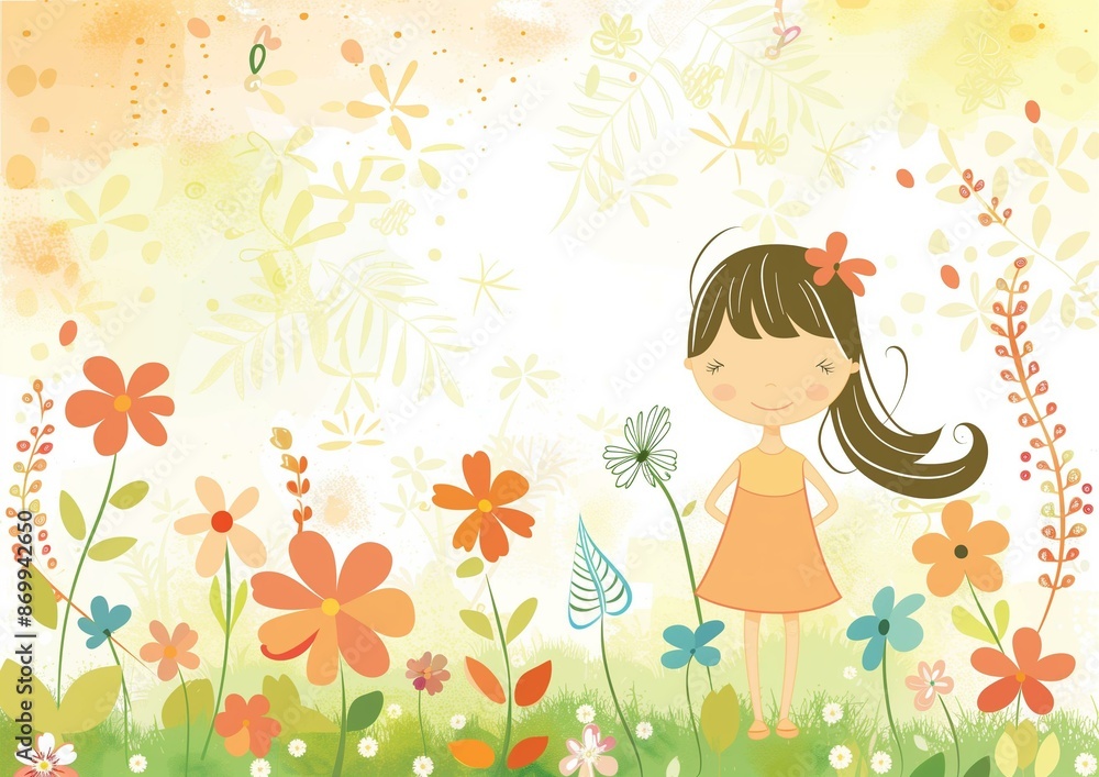 Cute Child Illustration Amidst Colorful Flowers in a Spring Garden Cute Child Illustration Amidst Colorful Flowers in a Spring Garden