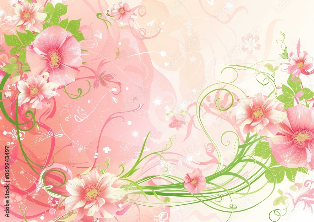 Beautiful Floral Illustration with Pink and Green Swirls Beautiful Floral Illustration with Pink and Green Swirls