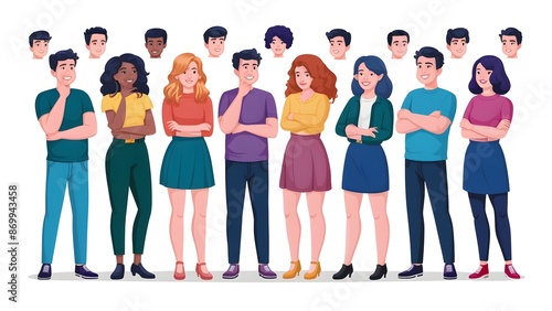 People avatars set. Young men and women with thinking face expressions. Modern line character heads, happy smiling thoughtful girls and guys. Flat vector illustrations isolated on white background