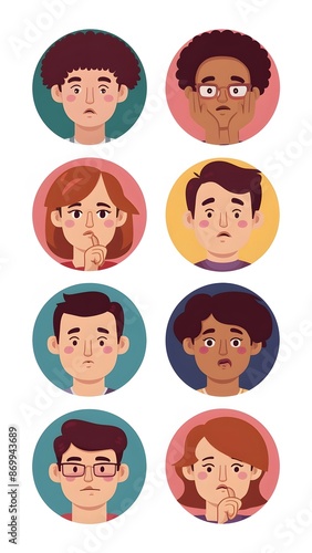 People avatars set. Young men and women with thinking face expressions. Modern line character heads, happy smiling thoughtful girls and guys. Flat vector illustrations isolated on white background