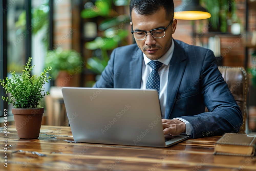 Businessman Working on Laptop in Modern Office Setting Businessman Working on Laptop in Modern Office Setting