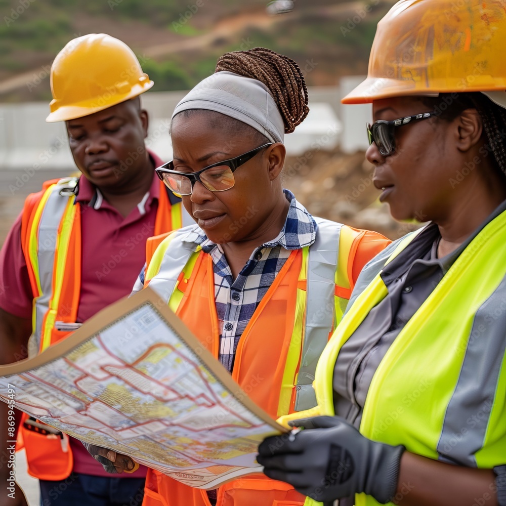 Construction workers and engineers collaborate outdoors to plan and design a building project. A black woman contractor works alongside other workers to ensure safety and assess progress. Construction workers and engineers collaborate outdoors to plan and design a building project. A black woman contractor works alongside other workers to ensure safety and assess progress.