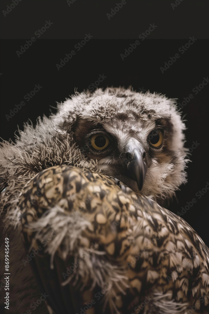 Fototapeta premium Owl close-up with detailed feathers and intense gaze on dark background
