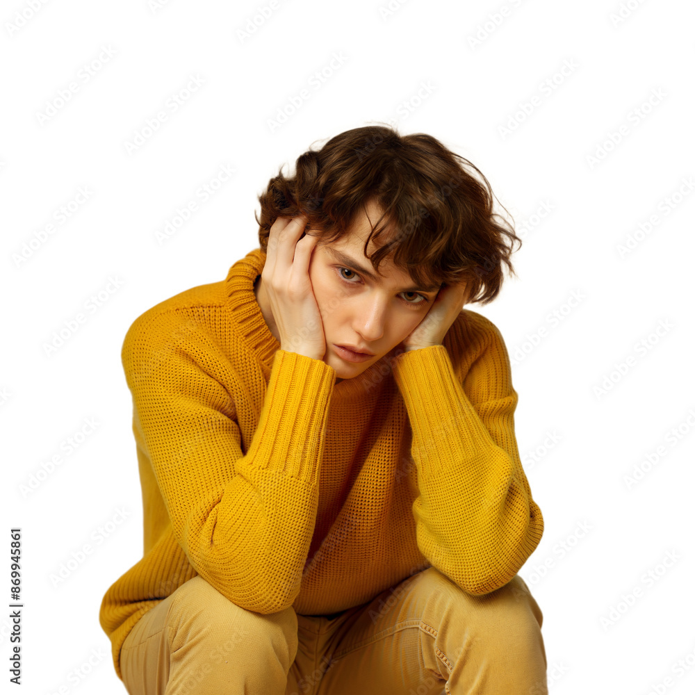 Young person feeling depressed and showing signs of sadness on a transparent background Young person feeling depressed and showing signs of sadness on a transparent background