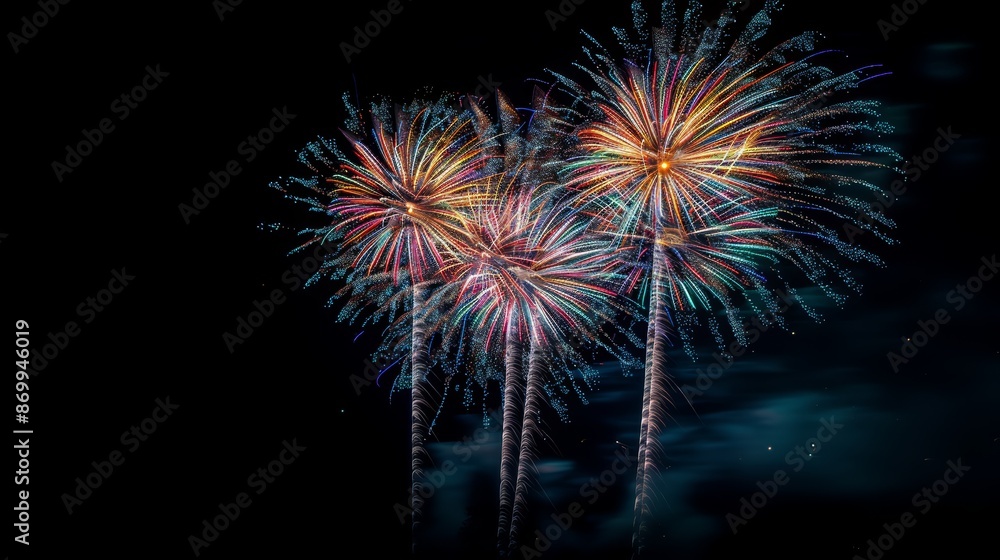 A dazzling display of fireworks bursting in vibrant colors against a dark night sky A dazzling display of fireworks bursting in vibrant colors against a dark night sky