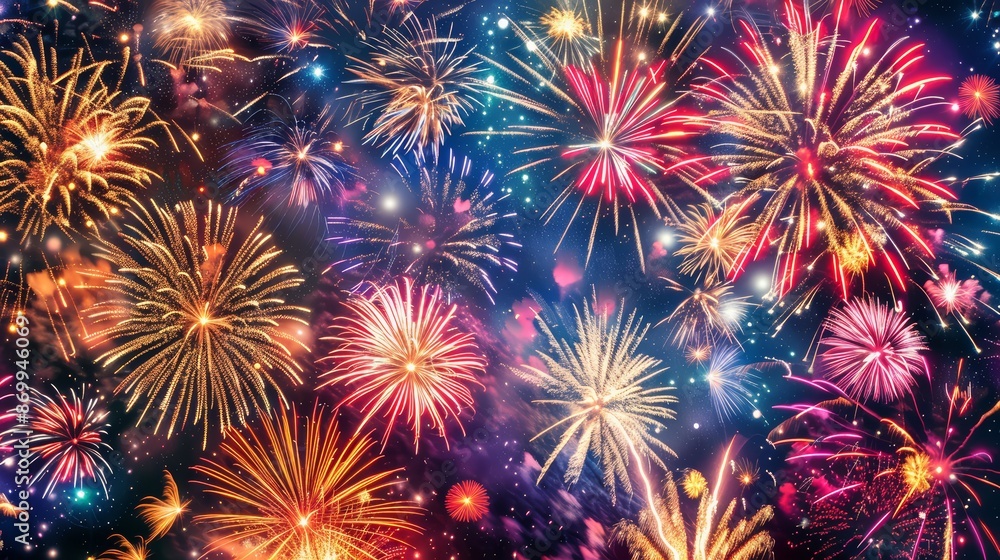A dazzling display of fireworks bursting in vibrant colors against a dark night sky A dazzling display of fireworks bursting in vibrant colors against a dark night sky