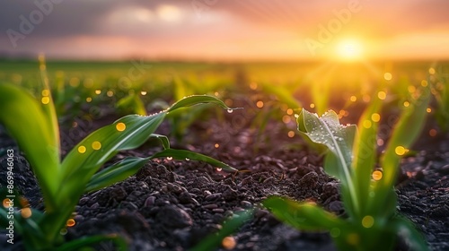 the sun sets in the background, the radiant light bathes a stunning field of corn in a warm golden glow, creating a serene and picturesque scene.