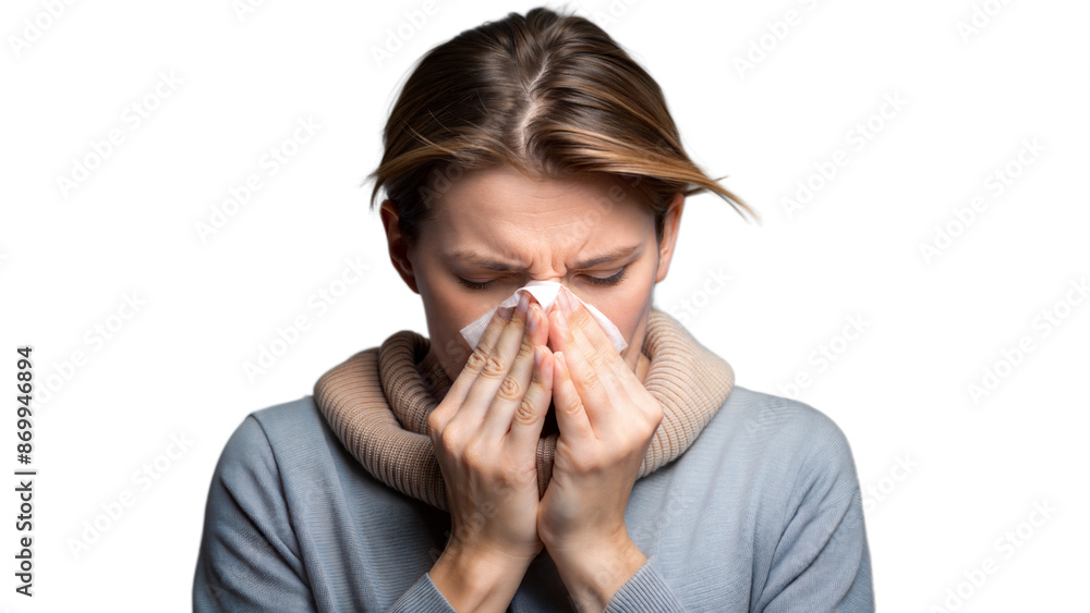 Person sneezing or rubbing their nose representing allergies on a transparent background Person sneezing or rubbing their nose representing allergies on a transparent background