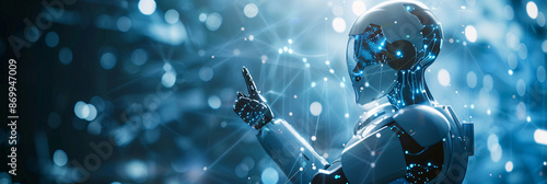 white humanoid robot finger touching on future triangle network dots and lines data flow on blue, with blurred bokeh and data on background, machine, wave