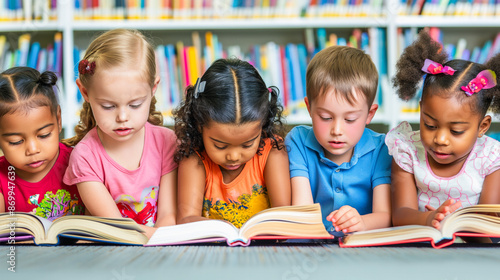 Multicultural group of five children, boys and girls, sit closely together and reading books in a colorful library.