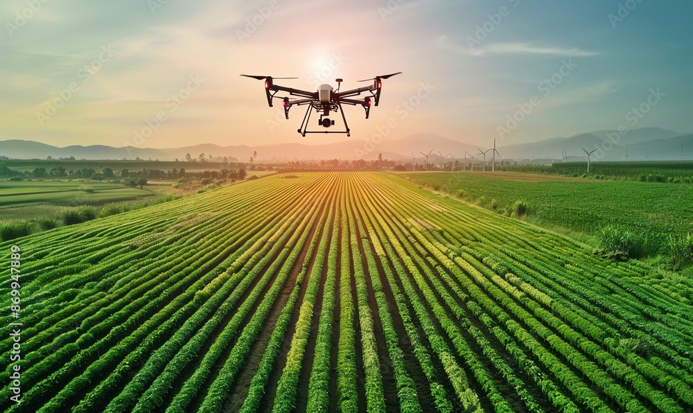 Drone Flying Over a Field of Crops at Sunset Drone Flying Over a Field of Crops at Sunset