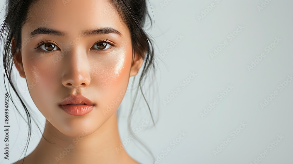 Portrait young Asian beautiful woman with K-beauty make up style and healthy and perfect skin isolated on white background for skincare commercial product advertising Portrait young Asian beautiful woman with K-beauty make up style and healthy and perfect skin isolated on white background for skincare commercial product advertising