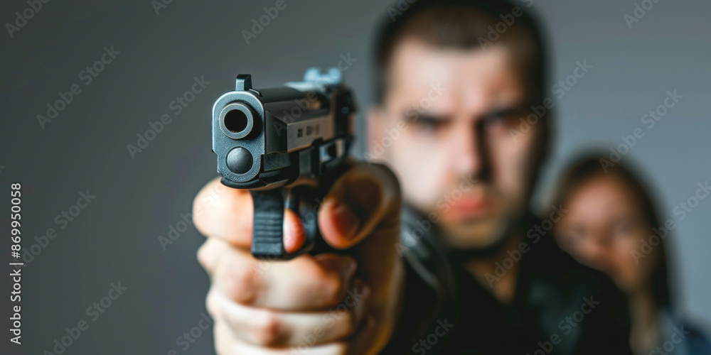 man staring intensely at the camera, pointing a gun straight ahead with a threatening expression on his face. man staring intensely at the camera, pointing a gun straight ahead with a threatening expression on his face.