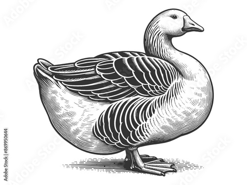 Fat goose sketch engraving generative ai fictional character vector illustration. Scratch board imitation. Black and white image.