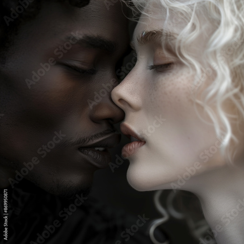 A close-up portrait capturing an intimate and tender moment between an interracial couple, highlighting the contrast of their skin tones