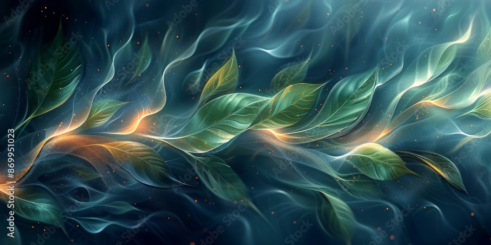 Mystical flowing leaves with light effects on dark background Mystical flowing leaves with light effects on dark background