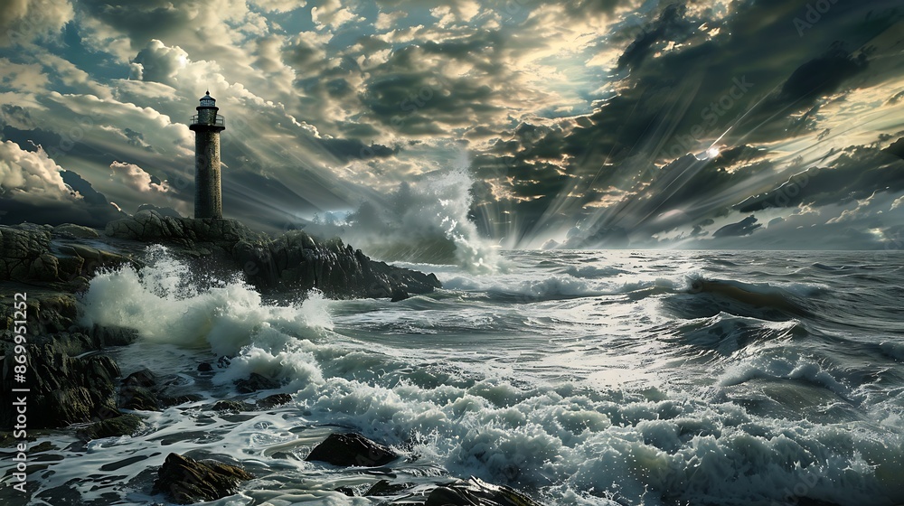 Rocky coast with crashing waves, stormy sky, and a solitary lighthouse