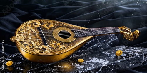 luxurious golden lute delicately rests on top of a sleek black table, exuding an air of elegance and musical inspiration. photo