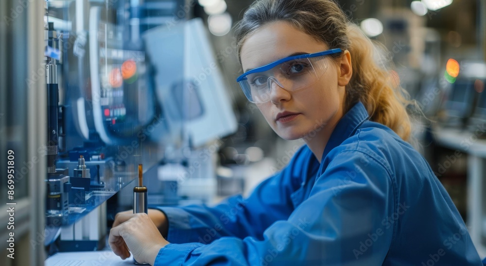 Female technician working on advanced machinery in a modern industrial plant Female technician working on advanced machinery in a modern industrial plant