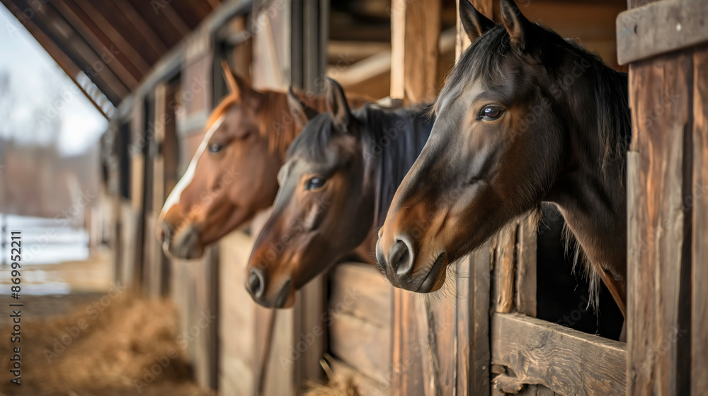 Fototapeta premium Three domestic brown horse animals in wooden stable. Equestrian stallion breed in farm ranch barn, winter outside or outdoors, countryside or village livestock, box, window, head