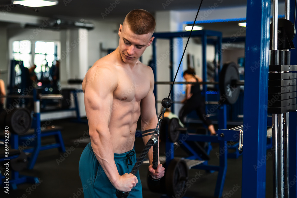 Naklejka premium Bodybuilder working out on cable machine in gym. Training of triceps
