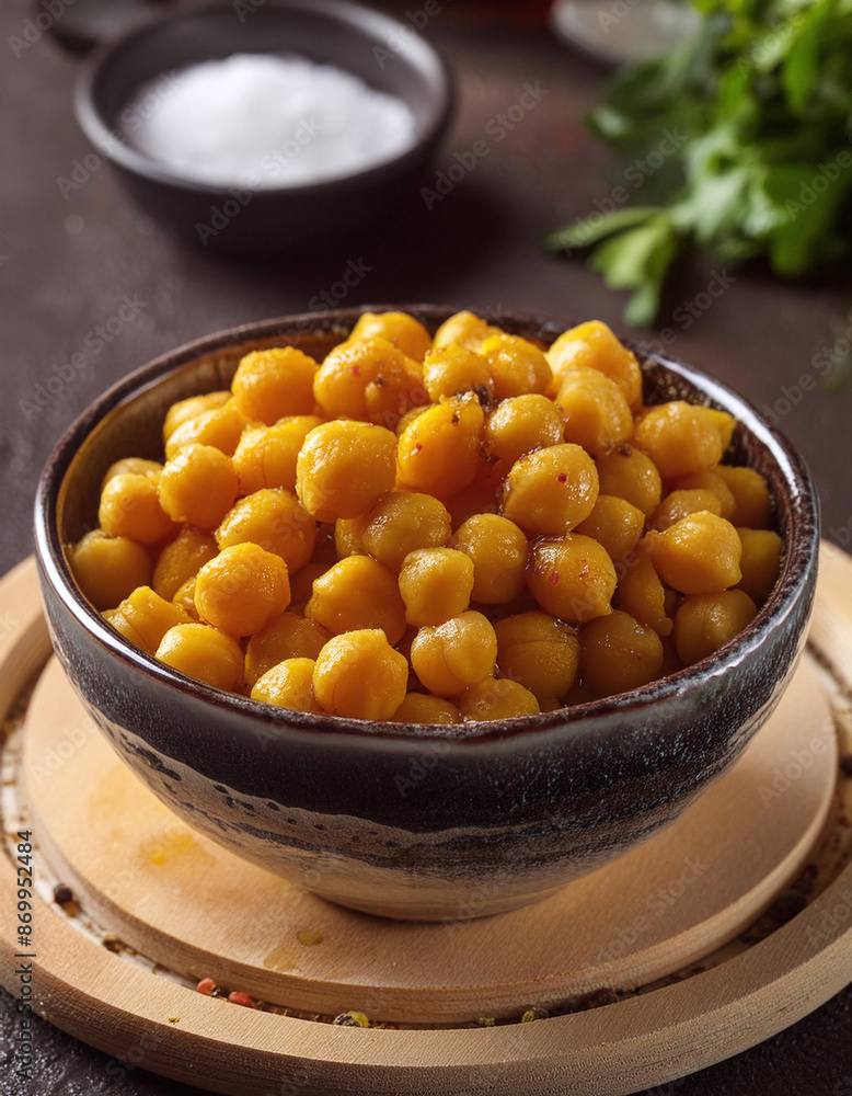 A bowl of seasoned chickpeas on the kitchen counter. Generative AI. A bowl of seasoned chickpeas on the kitchen counter. Generative AI.