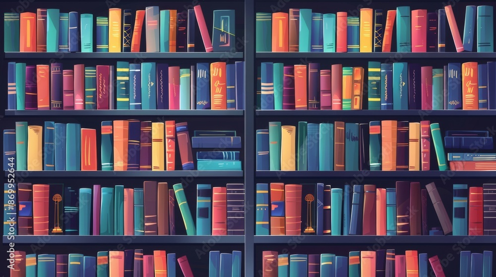 Fototapeta premium An illustration depicting multiple shelves loaded with various colorful books. The lively design brings out a sense of abundance and knowledge, perfect for a bibliophile.