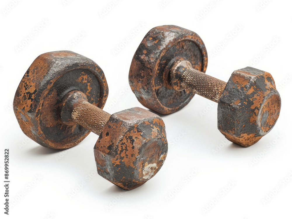Two weathered dumbbells rest on a clean white surface, showcasing their years of hard work and dedication to fitness. Two weathered dumbbells rest on a clean white surface, showcasing their years of hard work and dedication to fitness.
