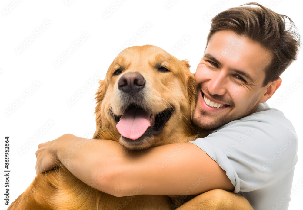 Happy smiling young man or owner hugging his domestic joyful golden retriever dog pet animal, portrait, isolated. Love and friendship, together, companion, embrace, cuddle Happy smiling young man or owner hugging his domestic joyful golden retriever dog pet animal, portrait, isolated. Love and friendship, together, companion, embrace, cuddle