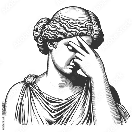 classical statue with a facepalm expression, frustration or disappointment in detailed line art sketch engraving generative ai vector illustration. Scratch board imitation. Black and white image.