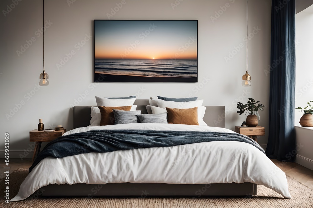 Minimal bedroom interior with Home decoration mock up. Cozy coastal stylish, furniture, comfortable bed, Modern design background. Minimal bedroom interior with Home decoration mock up. Cozy coastal stylish, furniture, comfortable bed, Modern design background.