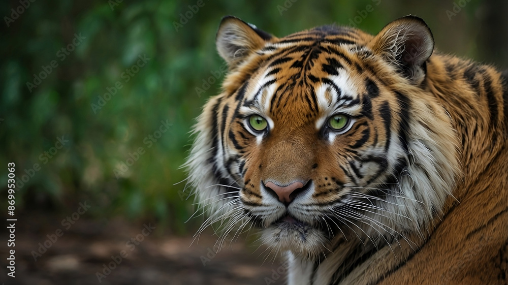 Fototapeta premium Cute tiger with green eyes portrait. cute tiger staring with green eyes.1