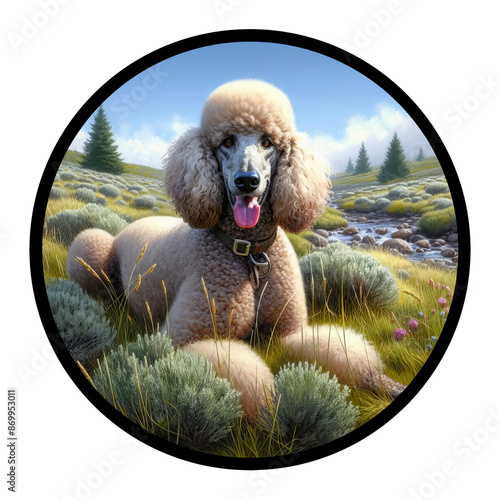 A circular 3D rendered watercolor painting of a Standard Poodle, isolated on a transparent background photo