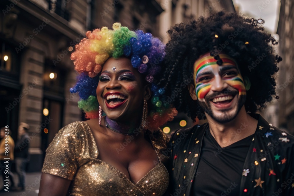 Obraz premium Close-up. A happy African-American transvestite. A woman and a man in a rainbow afro clown wig and shiny makeup celebrate LGBT+ at the pride parade. Gay in fancy dress.