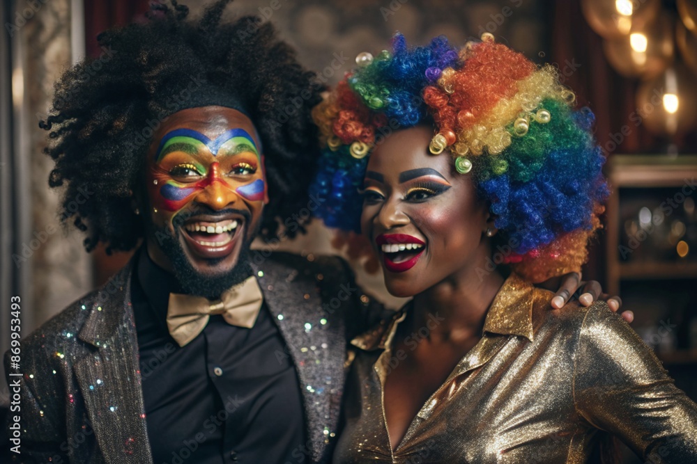 Obraz premium Close-up. A happy African-American transvestite. A woman and a man in a rainbow afro clown wig and shiny makeup celebrate LGBT+ at the pride parade. Gay in fancy dress.