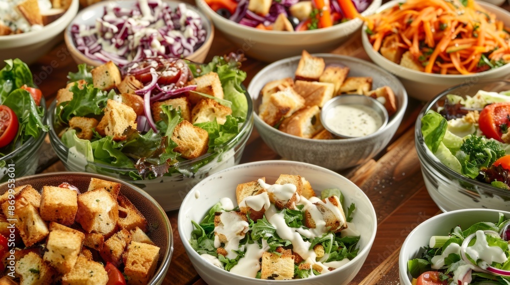 A variety of textures can be found on the table from crunchy greens to creamy dressings and crispy croutons. A variety of textures can be found on the table from crunchy greens to creamy dressings and crispy croutons.