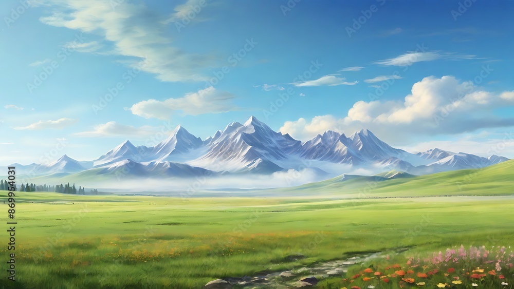 Majestic mountain range with green meadow and blue sky with white clouds Majestic mountain range with green meadow and blue sky with white clouds