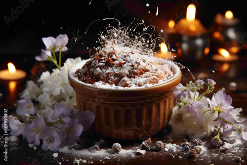 A chocolate souffl?(C) rising gracefully in a ramekin, its surface delicately dusted with powdered sugar, capturing the essence of warm, airy decadence. 