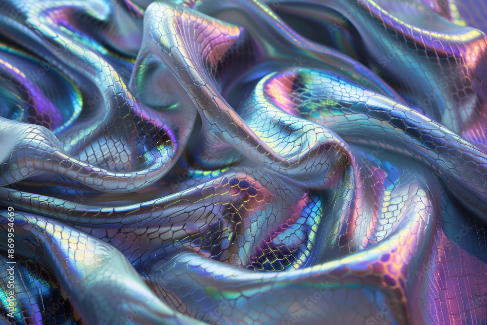 Close-up photo of a piece of iridescent neon fabric with a snakeskin pattern, light draped fabric Close-up photo of a piece of iridescent neon fabric with a snakeskin pattern, light draped fabric