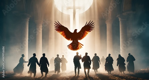 Pentecost, the descent of the Holy Spirit on the Apostles.
