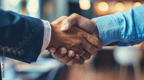 In a close-up detail, two businessmen engage in a firm handshake, underscoring trust, mutual respect, and the sealing of an agreement or successful negotiation.