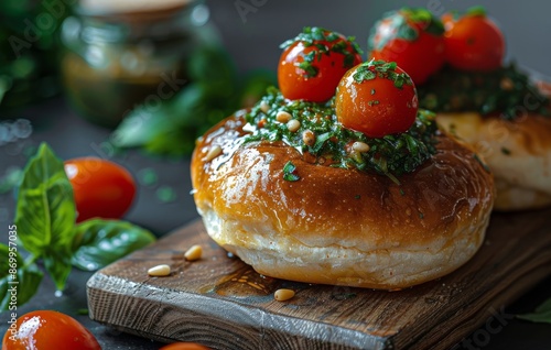 Close Up of a Sesame Seed Bagel Sandwich With Pesto and Tomatoes on a Wooden ...