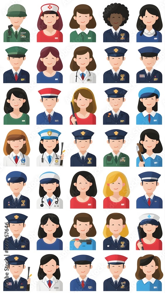 Avatars of people, soldiers, nurses, teachers, doctors, police are ready. Young men and women with thoughtful expressions. Modern character heads smiling happily, girls and guys, full body, one person Avatars of people, soldiers, nurses, teachers, doctors, police are ready. Young men and women with thoughtful expressions. Modern character heads smiling happily, girls and guys, full body, one person